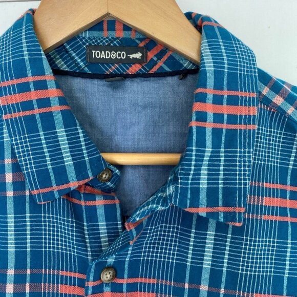 TOAD & Co 100% Organic Cotton Short Sleeve Button Up Plaid Shirt Blue/Orange Med - Picture 3 of 6